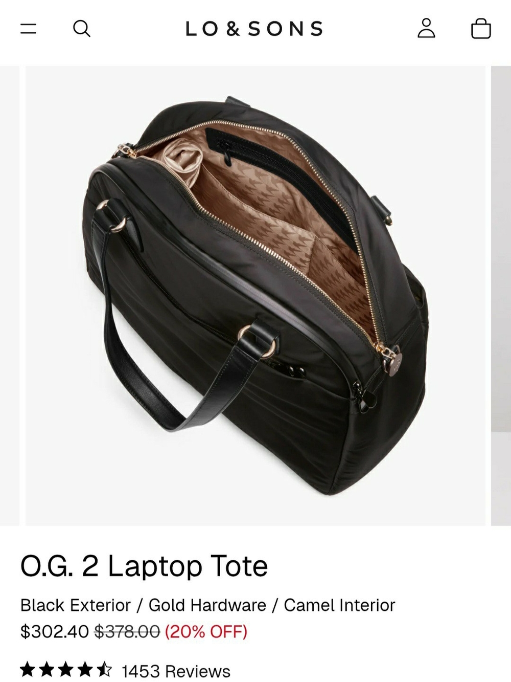 Lo & Sons The O.G. Travel Bag Black Nylon Gold Tote Weekender Laptop